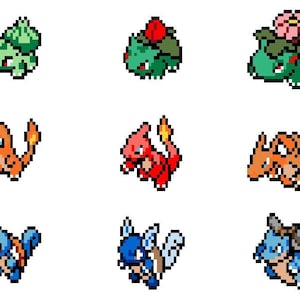 May include: A set of nine pixel art Pokemon characters, including Bulbasaur, Charmander, Squirtle, and their evolved forms. The characters are in their first and second evolutions, with a green, red, and blue color scheme.