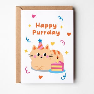 Happy Purrday Card, carte d'anniversaire de chat mignon avec illustration de gâteau