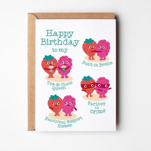 Tarjeta de cumpleaños divertida para hermana o mejor amiga, lindas ilustraciones de frutas, reina del té y las charlas, mejor amiga incorporada, cómplice