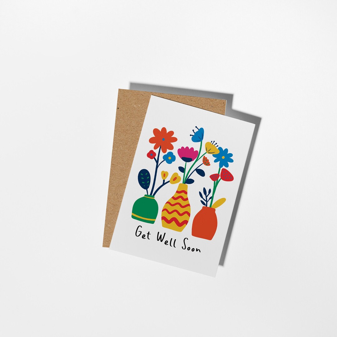 Floral Get Well Soon Greeting Card With Hand-drawn Colourful Vase ...