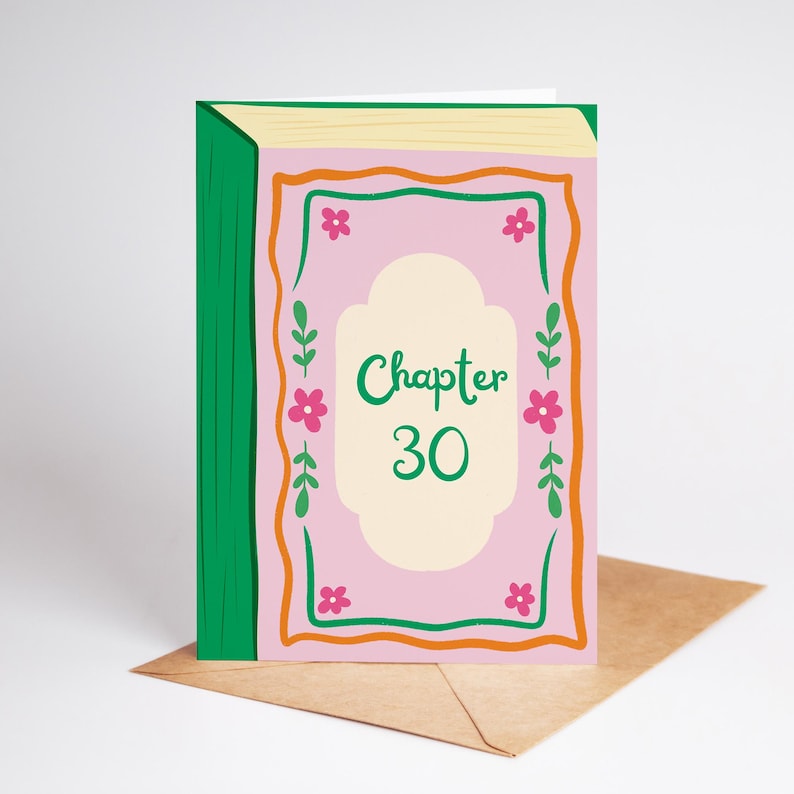 A colorful greeting card with a book-like design, featuring the text " Chapter 30" and decorative elements such as flowers and leaves.