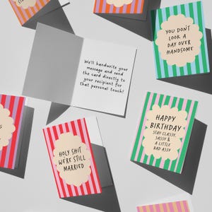 a collection of colorful greeting cards with various messages and designs.