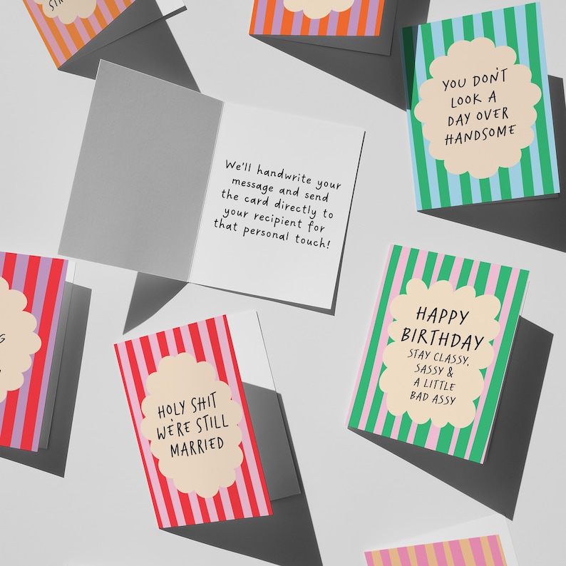 a collection of colorful greeting cards with various messages and designs.