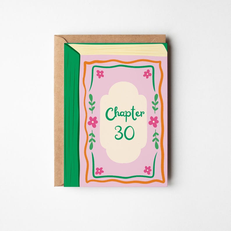 A greeting card with a pink and green design, featuring the text " Chapter 30" and decorative elements such as flowers and leaves.