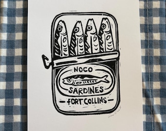 Fort Collins Sardines Art Print | 5x7 Black & White Linocut Style Wall Art | Northern Colorado Gift | Quirky Local Decor
