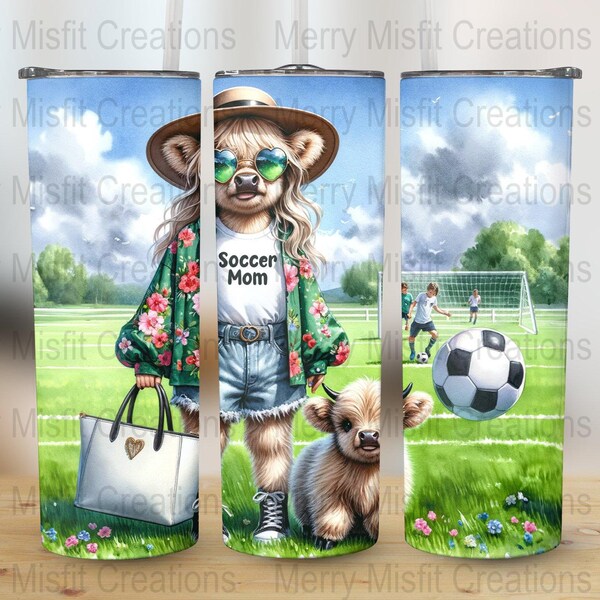 Soccer Mom Highland Cow PNG, Seamless Design for 20oz Skinny Tumblers, Floral Jacket, Digital Download for Sublimation, Sporty Chic Mom