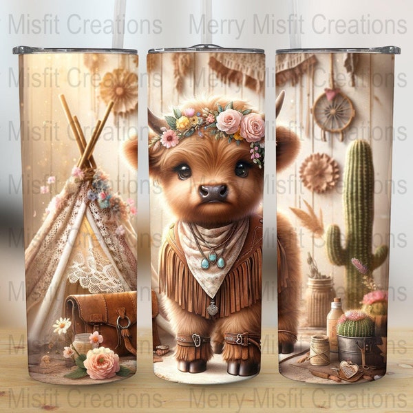 Boho Highland Cow Sublimation Design for 20oz Skinny Tumblers, Seamless Digital Download, Western Tumbler Wrap PNG, 300dpi