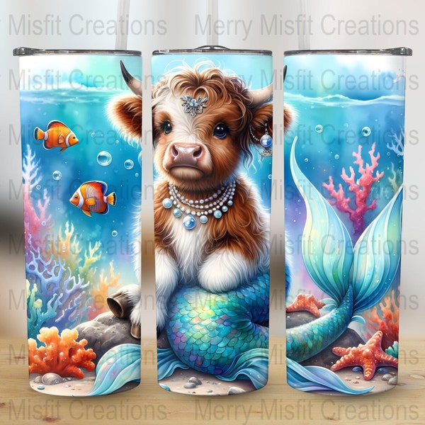 Mermaid Highland Cow Design for 20oz Tumblers, Sublimation Wrap, Digital Download, Ocean Theme, Cow with Mermaid Tail, 300dpi PNG