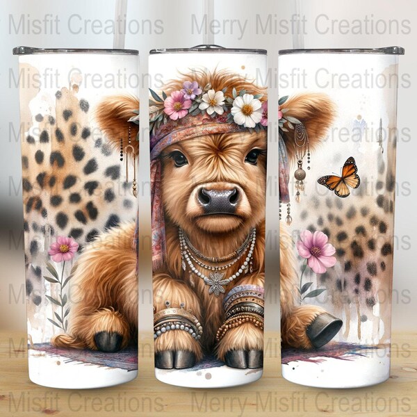 Boho Highland Cow Tumbler Design, Floral Headdress Cow Sublimation, Digital Download for 20oz Tumblers, Farmhouse Style, 300dpi PNG