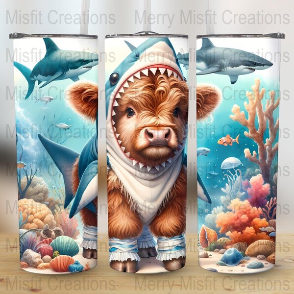 Shark Costume Highland Cow in Sublimation Design for 20oz Skinny Tumblers, Digital Download, Seamless Wrap Print, 300dpi PNG