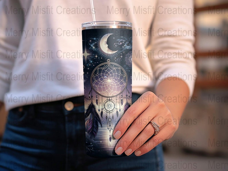 Boho Celestial Dreamcatcher Seamless Design,20oz Skinny Tumbler Sublimation Wrap, Digital Download, Stars Moon Night Sky, 300dpi image 3