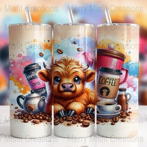 Highland Cow Coffee Design PNG, Seamless Sublimation for 20oz Skinny Tumblers, Digital Download