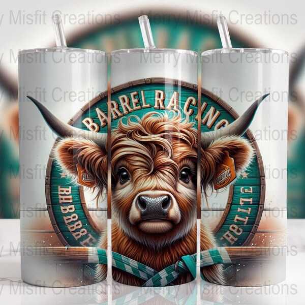 Highland Cow PNG, Barrel Racing Theme, Seamless Wrap for 20oz Skinny Tumblers, Sublimation Design, Digital Download, Rustic Country Style