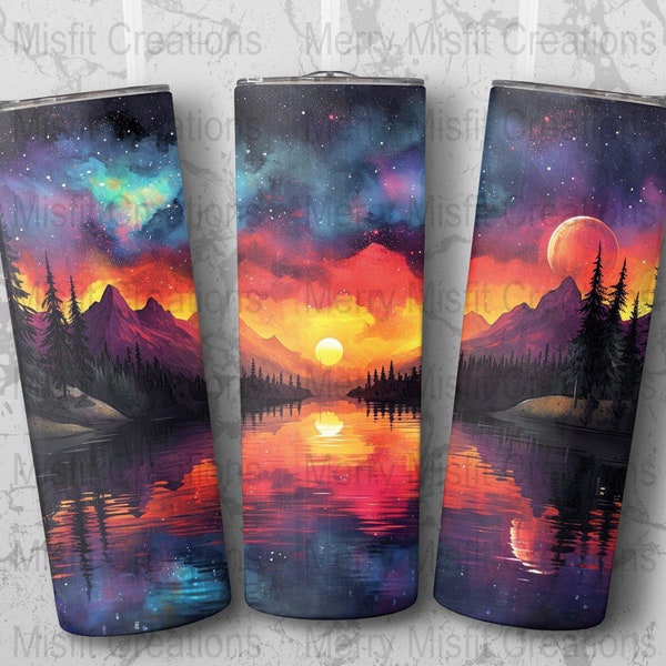 Vibrant Aurora Lake Mountain Tumbler Design, Cosmic Nature Scene Sublimation, Starry Night Reflection Wrap