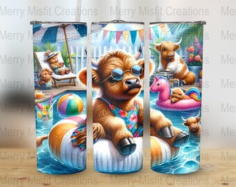 Highland Cow Pool Party Sublimation, 20oz Skinny Tumbler Design, Digital Download, Tropical Cow 300dpi Tumbler Wrap