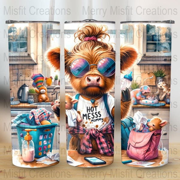 Hot Mess Mommy Highland Cow 20oz Tumbler Wrap, diseño digital de envoltura completa sin costuras, sublimación de taza de mamá vaca, descarga instantánea de PNG