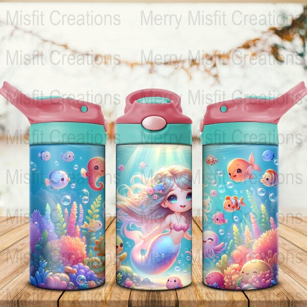 Ocean Theme Kids Water Bottle Design, 12oz Flip Top, Cute Mermaid and Fish, Seamless PNG, Sublimation Digital Download, Bright and Colorful