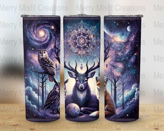 Boho Celestial Owl and Deer Tumbler Design, 20oz Skinny Sublimation Graphic, Mystical Night Sky Digital Download Art, Cosmic Wildlife