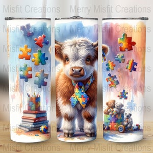 Autism Awareness Highland Cow PNG, Seamless Sublimation Wrap, Puzzle Design Tumbler, Digital Download for 20oz Skinny Tumblers, Crafting