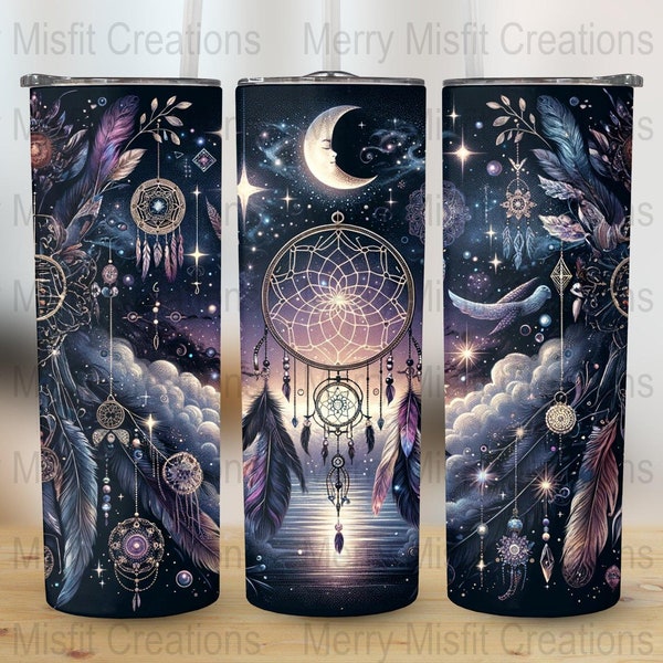 Boho Celestial Dreamcatcher Seamless Design,20oz Skinny Tumbler Sublimation Wrap, Digital Download, Stars Moon Night Sky, 300dpi