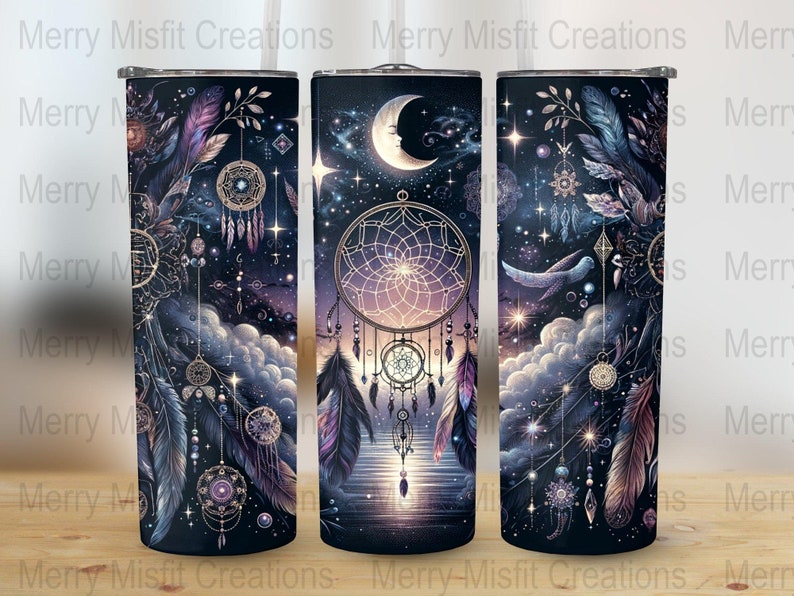 Boho Celestial Dreamcatcher Seamless Design,20oz Skinny Tumbler Sublimation Wrap, Digital Download, Stars Moon Night Sky, 300dpi image 1