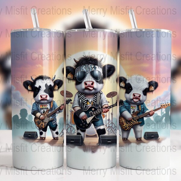 Kiss Inspired Highland Cow PNG, Seamless Sublimation Design, Digital Download for 20oz Skinny Tumblers, Rock Band Cows, Fun Tumbler Graphics