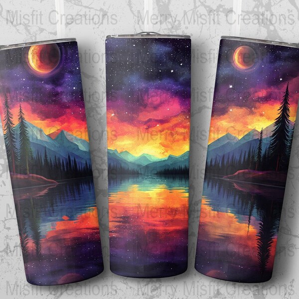 Vibrant Aurora Lake Mountain Tumbler Design, Cosmic Sky Sublimation Art, Nature Inspired Drinkware, Planetary Night Reflection Graphic