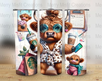 Hot Mess Mom Highland Cow Tumbler Design, 20oz Skinny Tumbler Wrap, Digital Sublimation Graphic, 300dpi PNG, Coffee Lover, Instant Download