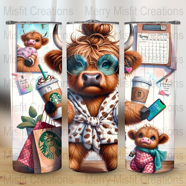 Design de gobelet vache Highland maman hot mess, papier gobelet skinny 20 oz, sublimation graphique numérique, PNG 300 dpi, amateur de café, téléchargement immédiat