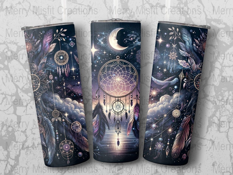 Boho Celestial Dreamcatcher Seamless Design,20oz Skinny Tumbler Sublimation Wrap, Digital Download, Stars Moon Night Sky, 300dpi image 2