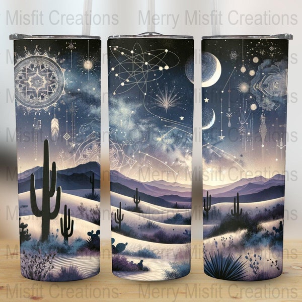 Boho Celestial Desert Night Sky 20oz Skinny Tumbler Sublimation Design, 300dpi Digital Download, Stars and Cactus Print