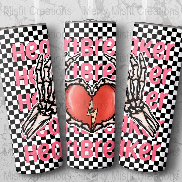 Valentine's Day Heartbreaker Skinny Tumbler Wrap, 20oz Straight Tapered Design, Checkered Digital Download, 300 DPI Png