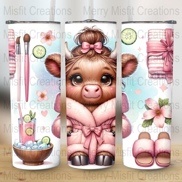 Cute Highland Cow in Pink Spa Robe, Seamless Sublimation Design for 20oz Skinny Tumblers, Instant Digital Download