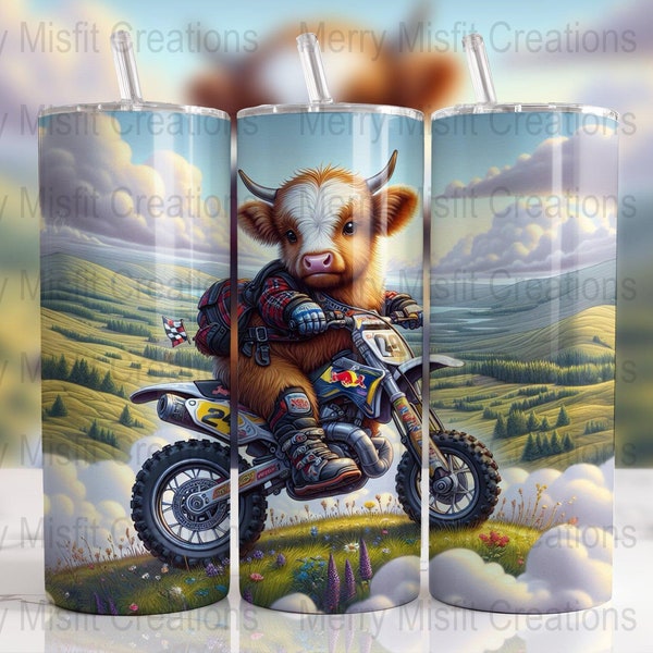 Motocross Highland Cow on Motorcycle PNG, Seamless Sublimation Design for 20oz Skinny Tumblers, Cute Biker Cow Digital Art Download