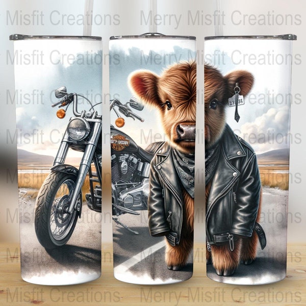 Biker Highland Cow Seamless Sublimation Design, Motorcycle Theme 20oz Skinny Tumbler Wrap, Digital Download, Tough Cow Tumbler Wrap, 300dpi