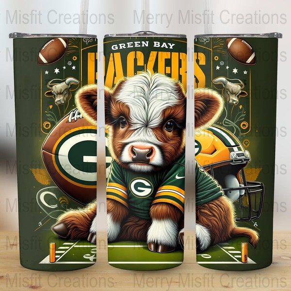 Green Bay Highland Cow Tumbler Design, 20oz Skinny Sublimation, Sports Team Digital Download, 300dpi Tumbler Graphics, DIY Tumbler