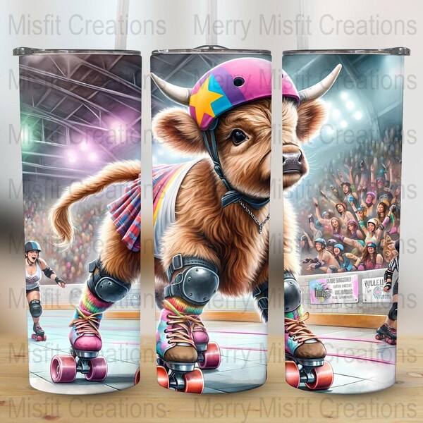 Roller Derby Highland Cow Design for 20oz Skinny Tumblers, Digital Sublimation Print, 300dpi Tumbler Wrap, Instant Download