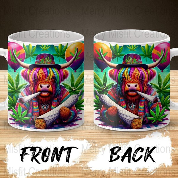 Tasse de 11 oz sur le thème du cannabis Highland Cow, tasse à café animal psychédélique coloré, idée cadeau unique pour stoner