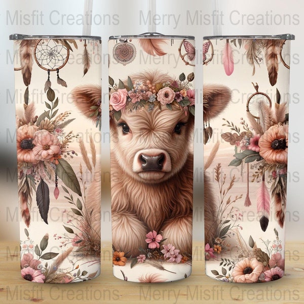 Boho Highland Cow Tumbler Design, 20oz Skinny Tumbler Sublimation, Floral Cow Digital Download, 300dpi PNG Tumbler Wrap