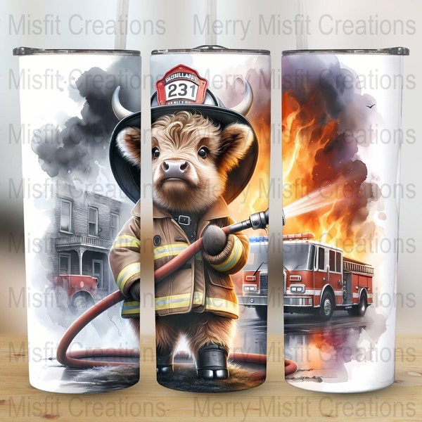 Fireman Highland Cow Sublimation Design, 20oz Skinny Tumbler Graphic, Digital Download, 300dpi, Tumbler Wrap, Firefighter Appreciation Gift