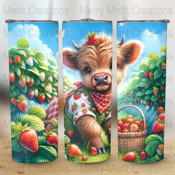 Gobelet vache Highland, sublimation maigre 20 oz, téléchargement numérique 300 dpi, thème animaux de la ferme mignon, motif champ de fraises