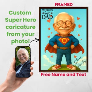Gerahmte benutzerdefinierte Karikatur Super Papa Porträt vom Foto, personalisierte Superheld Karikatur für Papa, Ehemann, Vatertagsgeschenkzeichnung