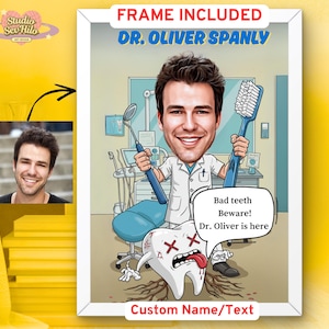 Framed Custom Dentist Caricature Portrait – Personalized Dental Office Gift for Dentist – Cartoon Drawing – Funny Graduation or Retirement