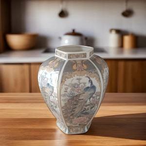 Vintage Asian Porcelain Vase with Peacock & Floral Design 1950s Hexagonal Geometric Antique Vase