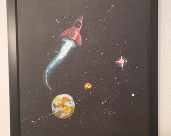 Original acrylic painting - hand painted space ship in space