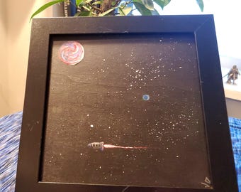 Hand painted original outer space art - planet passby - acrylic on wood panel (6X6)