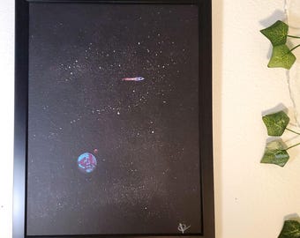 Hand-painted original outer space art - a lonely spaceship - acrylic on canvas board 9x11 - framed