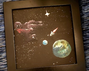 Hand painted outer space art - stopping by the moon - acrylic on wood panel (6x6)