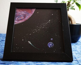 Trip to the big planet - acrylic painting on wood panel - framed - hand-painted - original art