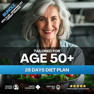 Op de afbeelding: Een vrouw glimlacht terwijl ze een kom salade vasthoudt. De tekst op de afbeelding luidt "BUNDLE MEAL PLAN + SHOPPING LIST + WEIGHT TRACKER TAILORED FOR AGE 50+ 28 DAYS DIET PLAN TRUSTED BY USERS SIMPLE DOWNLOAD PRINTABLE PDF OVERWHELMINGLY POSITIVE REVIEWS".
